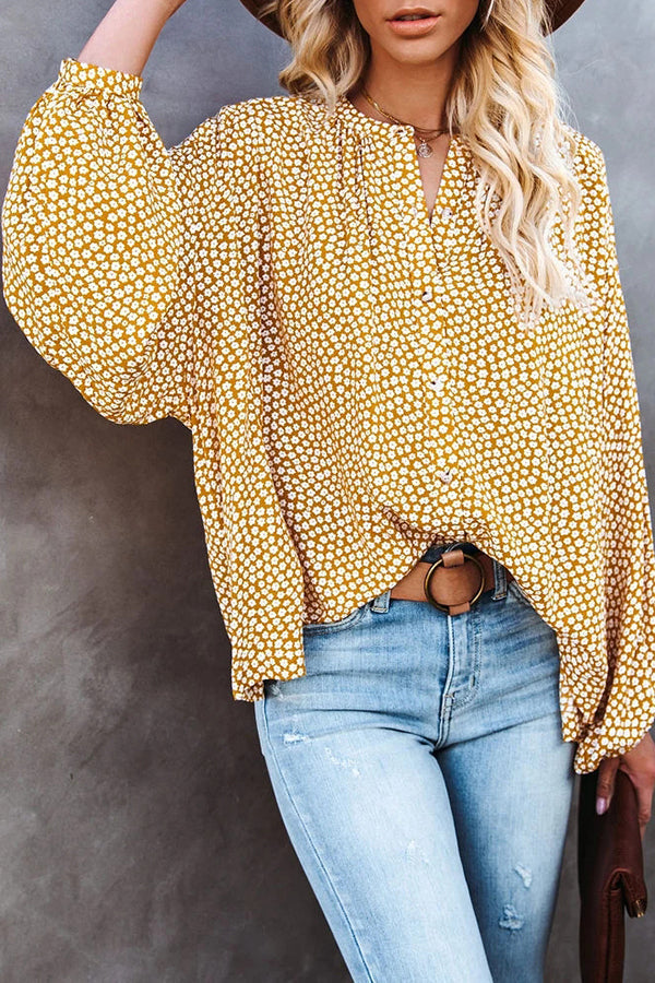 Floral Print Long Sleeve V Neck Casual Shirt