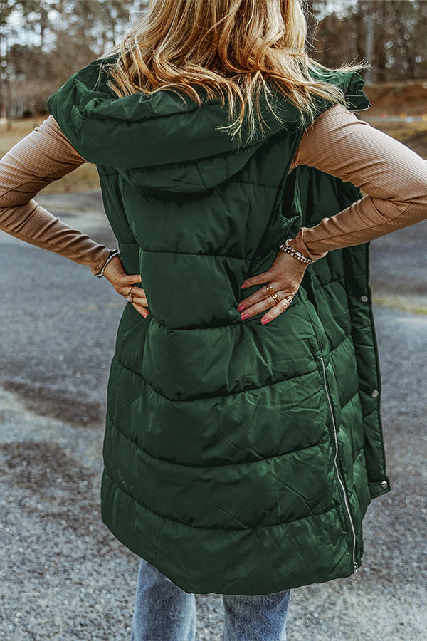 Hooded Pocketed Quilted Long Vest Coat