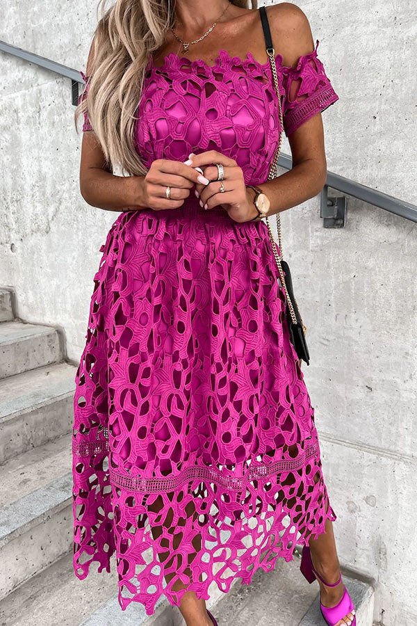 Dream Date Off Shoulder Crochet Lace Midi Dress