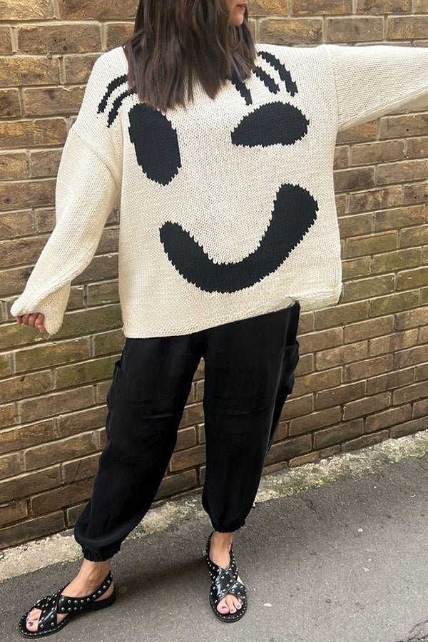 Feel Good Knit Colorful Smiley Face Loose Pullover Sweater