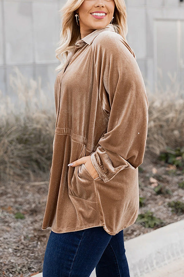 Khaki Casual Button Down Plus Size Velvet Shirt