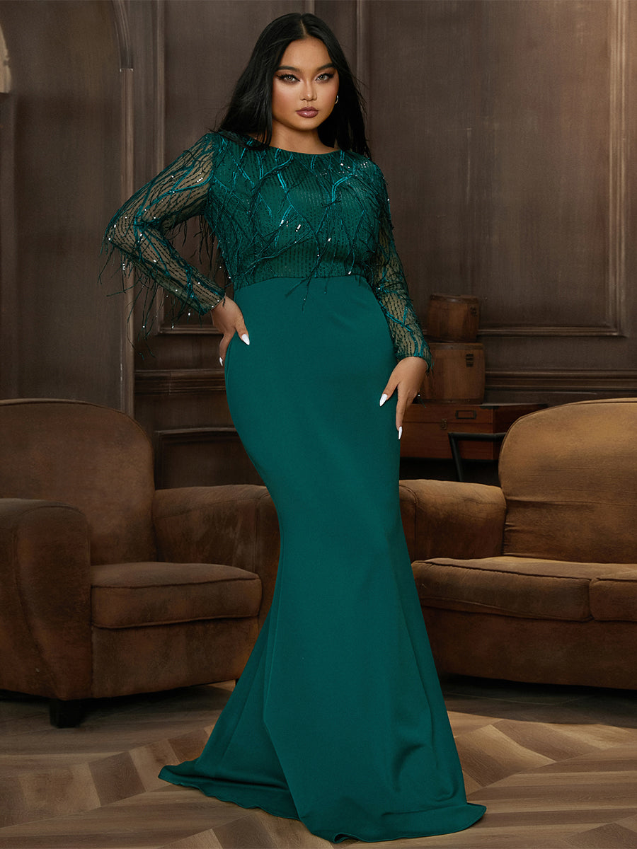 Long Sleeve Fringed Sequin Green Evening Dress PJMT1103