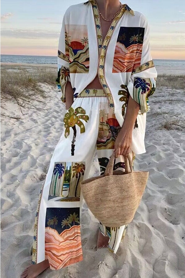 Beach Memories Palm Print Oversized Blouse and Elastic Waist Pocketed Pants Set