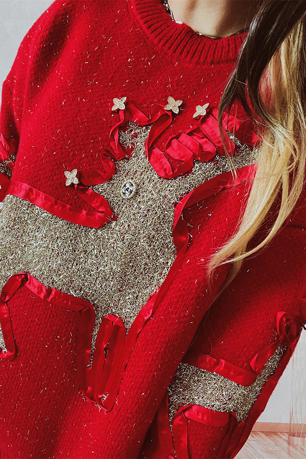 Christmas Pattern Knitted Crew Neck Long Sleeved Sweater