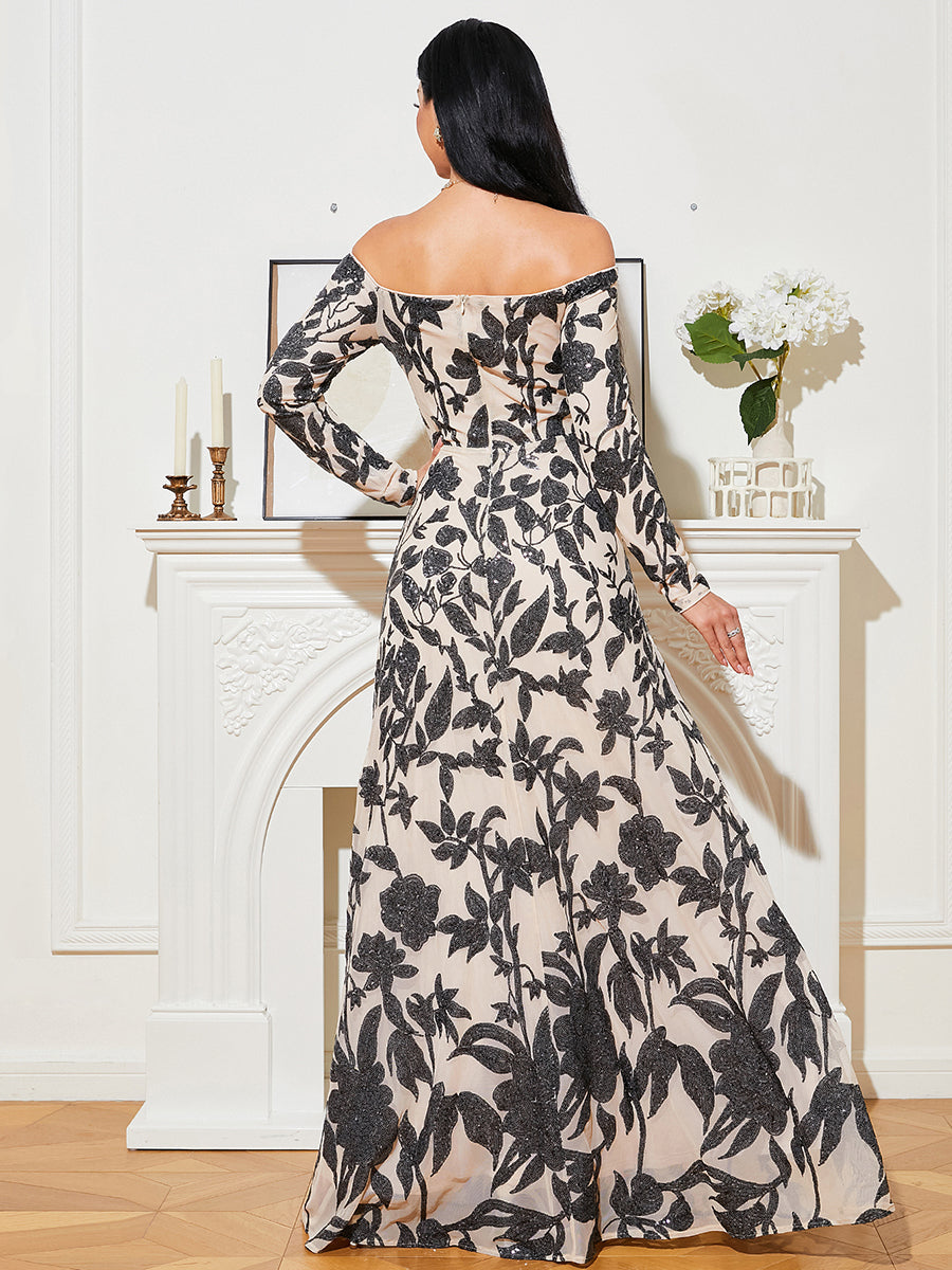 Off Shoulder Sequins Floral Maxi Prom Dress RJ10022