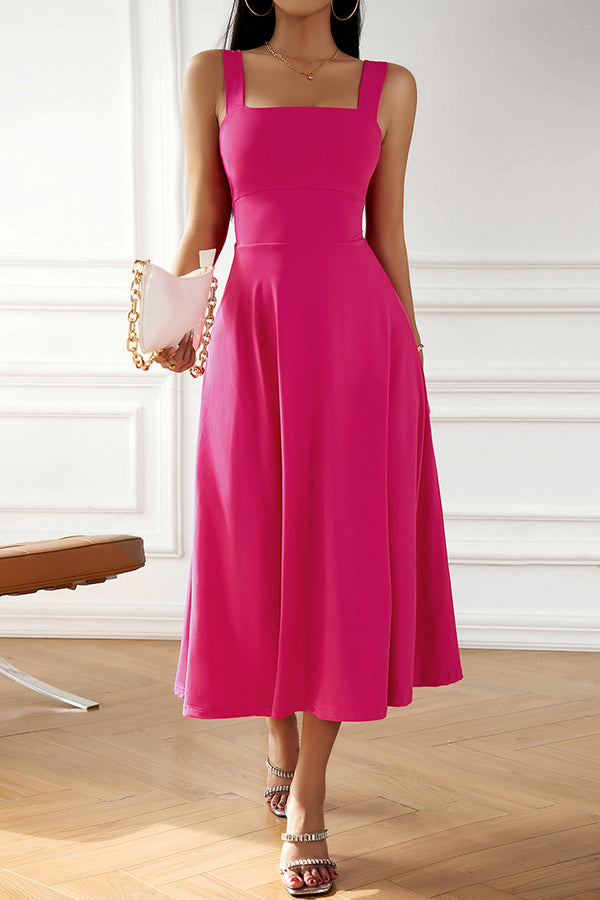 Solid Color Suspender High Waist Strappy Midi Dress