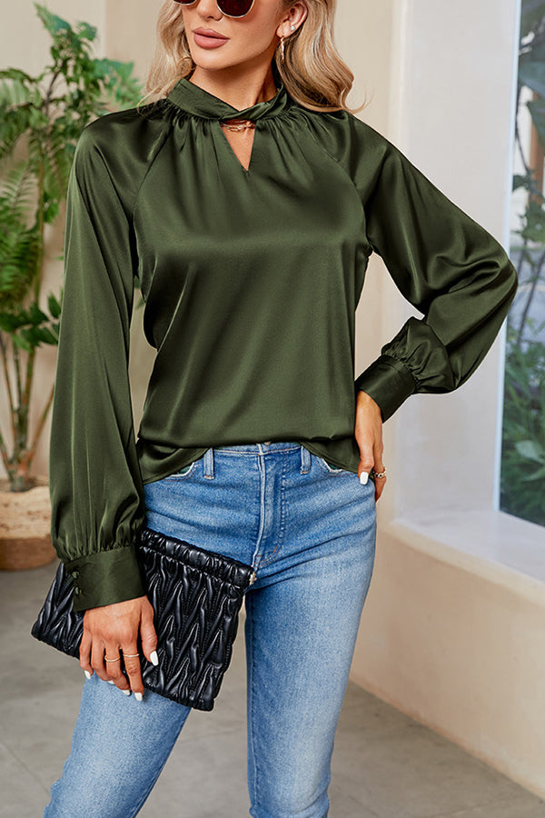 Vip Flight Plans Satin Twist Cut Out Neck Blouse