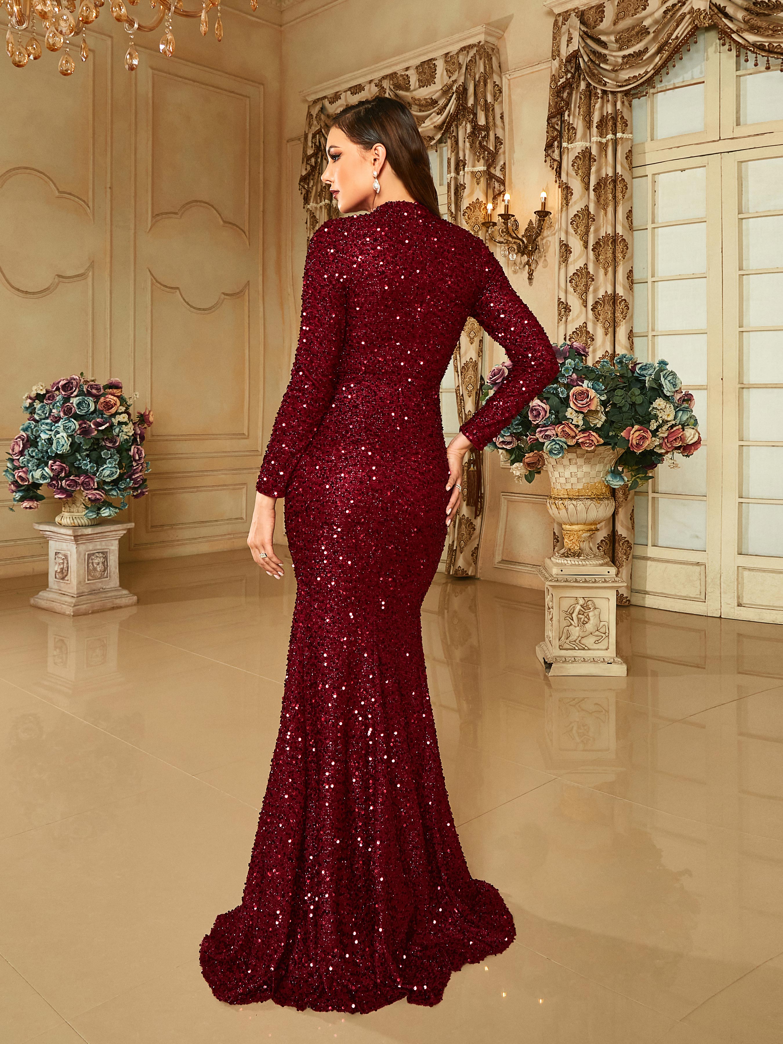 Crew Collar Cutout Sequin Mermaid Wine Prom Dress RM20650