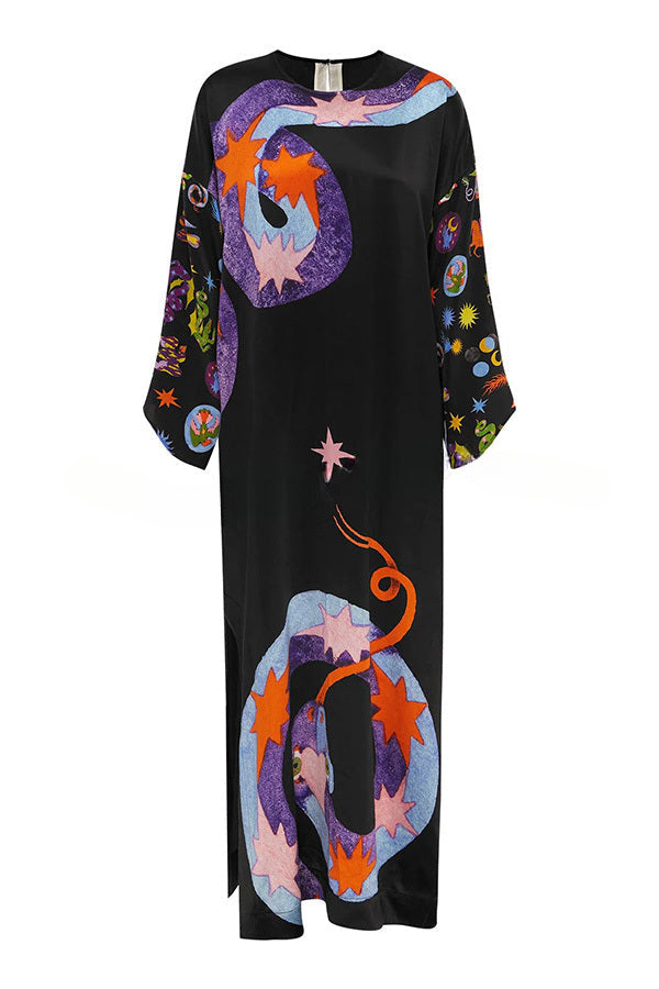 Mostly Magic Satin Unique Print Slit Relaxed Vacation Maxi Dress