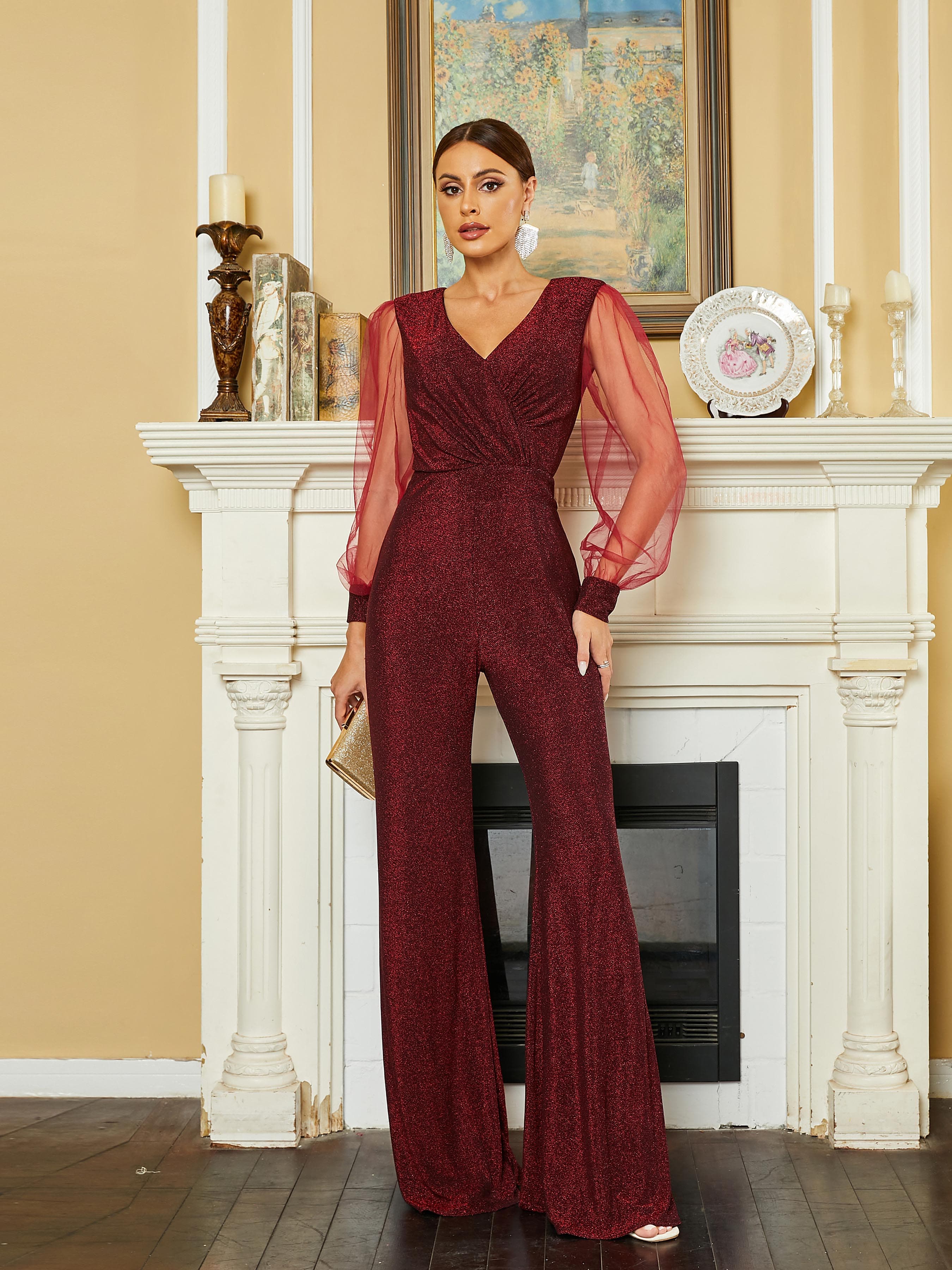 V-Neck Pleated Lantern Sleeve Long Sleeve Jumpsuits RM20545