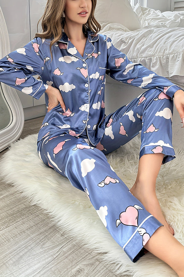 Beautifully Printed Lapel Pocket Button Lounge Pant Suit