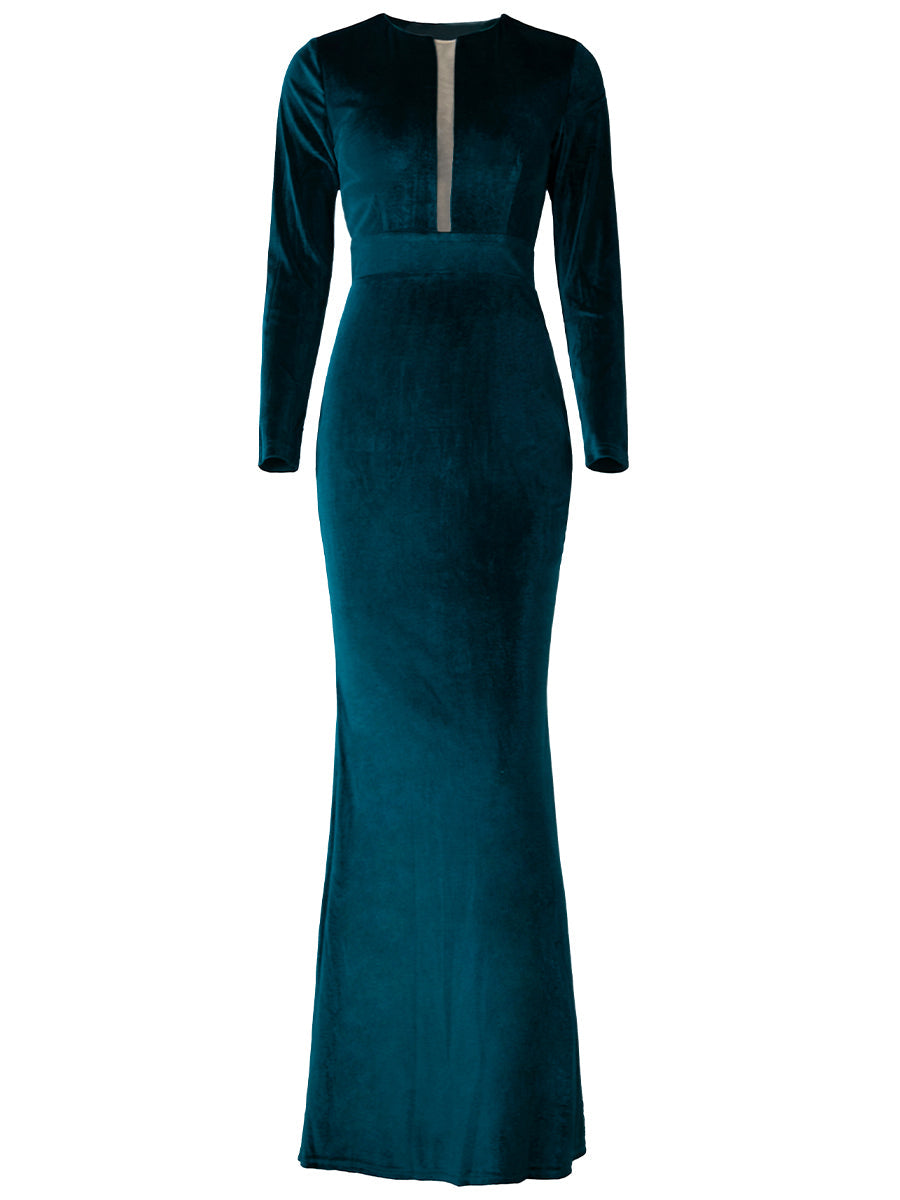 Long Sleeve Velvet Elegant Green Evening Dress XJ940