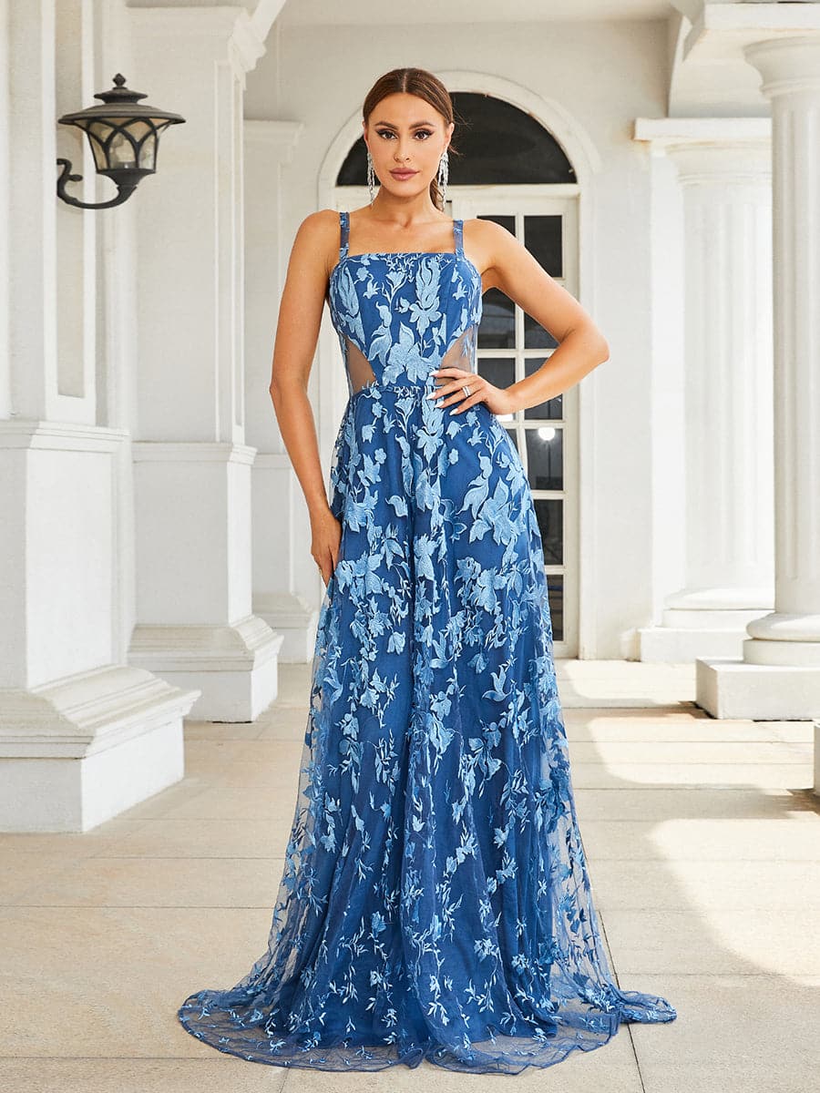 Formal Embroidery A-line Tulle Blue Ball Gown RH30530