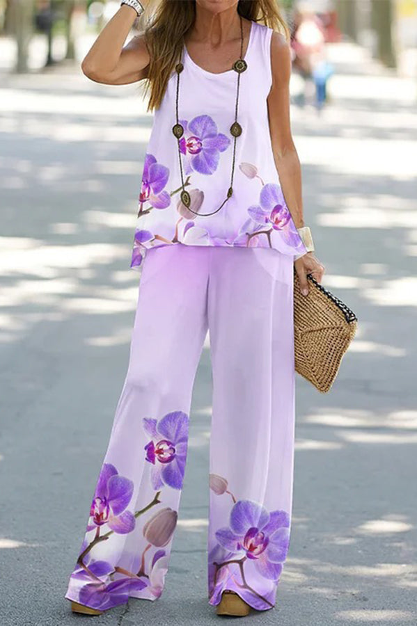 Simply Flourishing Printed Loose Tank and Wide Leg Pants Set