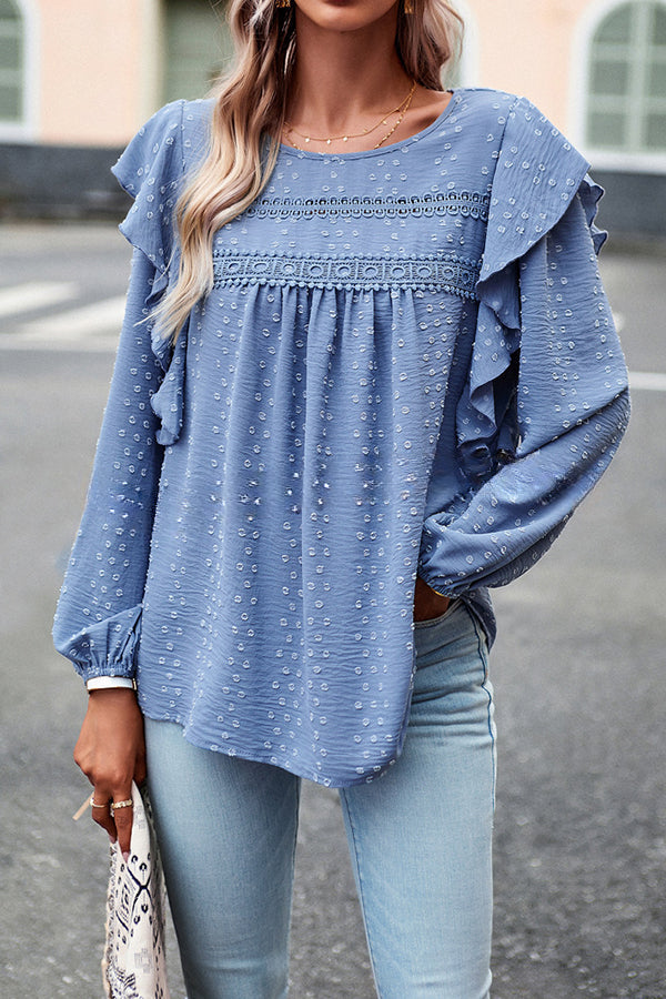 Textured Lace Fabric Ruffle Long Sleeve Blouse