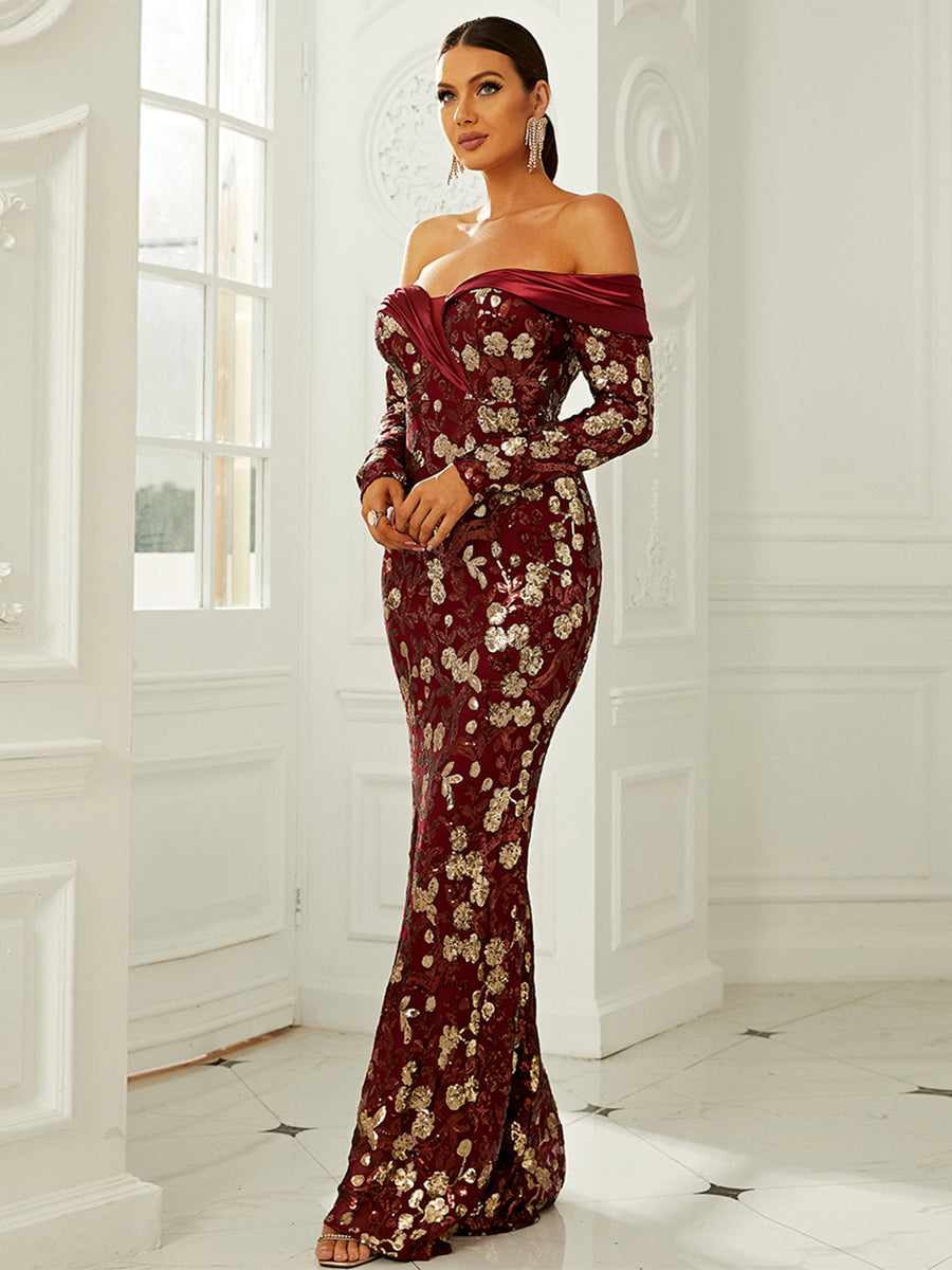 Sequin Floral Pattern Off Shoulder Floor Length Formal Dress XH2192