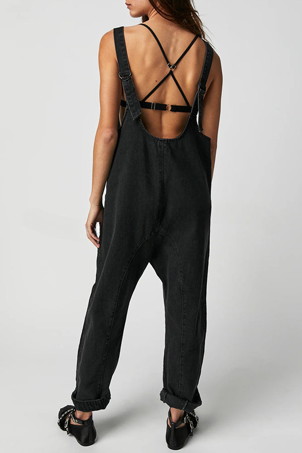 Pocket V Neck Suspender Denim Jumpsuit