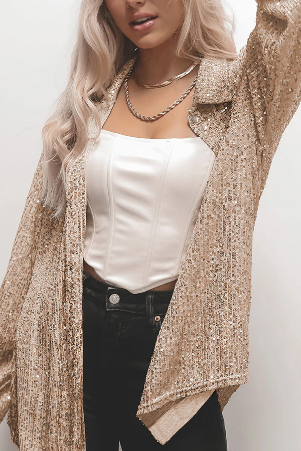 Solid color button-down long-sleeve sequined cardigan