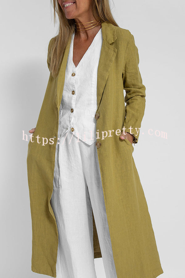 Vintage Linen Blend Pocketed Lightweight Midi Blazer Coat