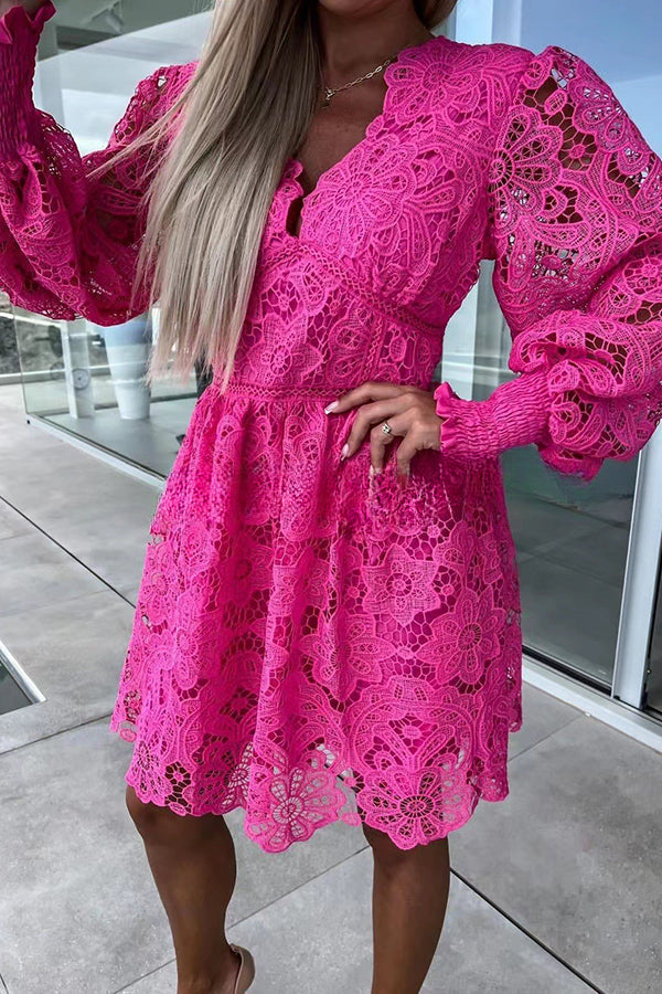 Luxe Debut Floral Crochet Lace Lantern Sleeve Mini Dress