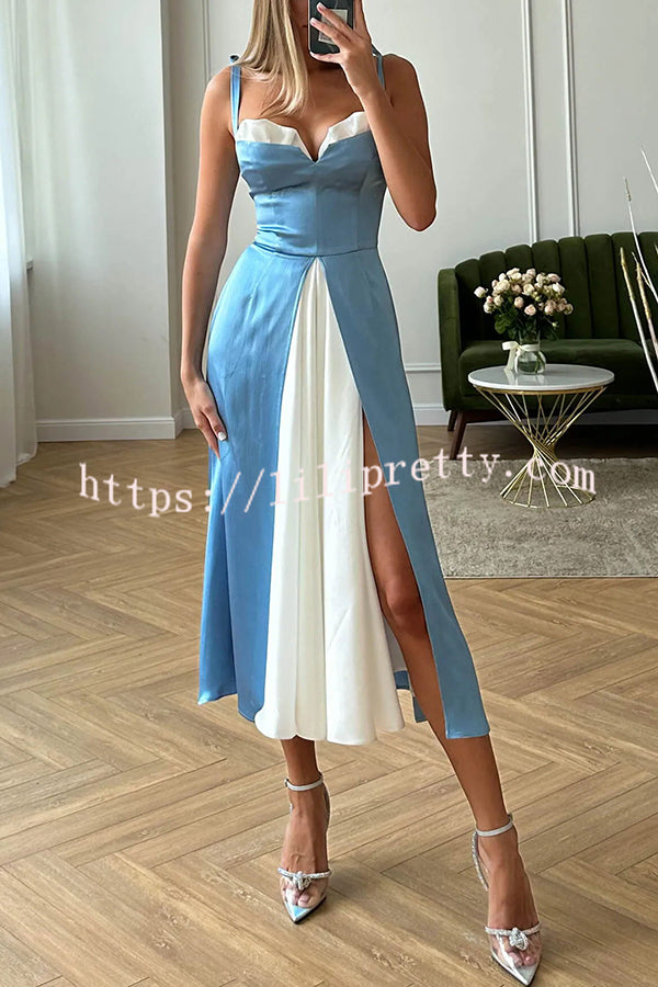 Chic All Night Patchwork Contrast Slit Strap Midi Dress