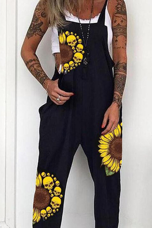 Statement Print Low Rise Wide Leg Suspender Jumpsuit