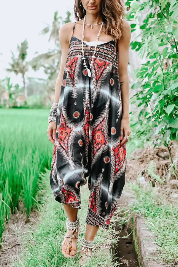 Free Spirit Boho Ethnic Print Loose Dungaree Jumpsuit