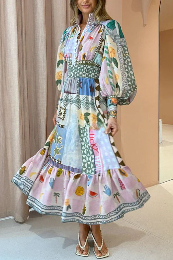 Playfully Chic Unique Print Balloon Sleeve Smocked Waist Shirt Midi Dress