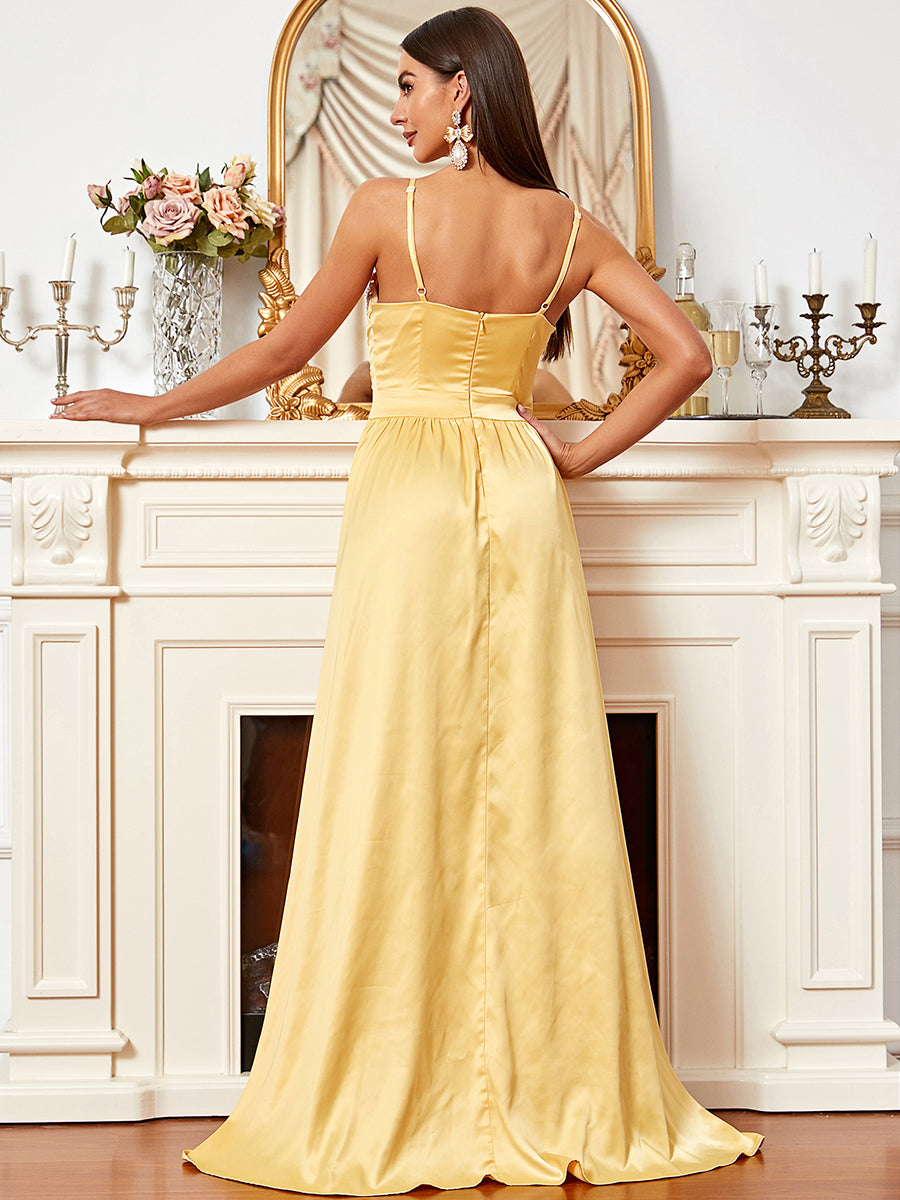 Backless Sleeveless Yellow Maxi Satin Prom Dress XH2023