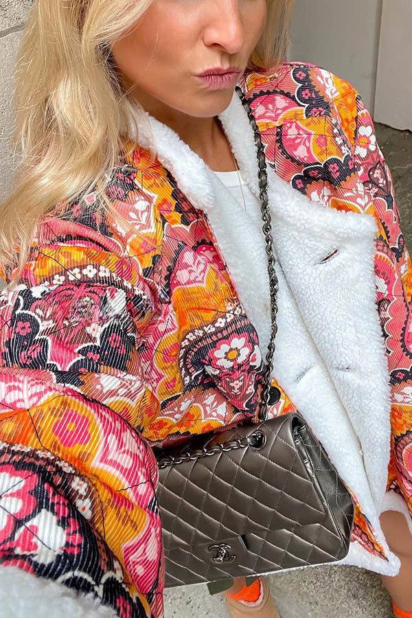 Cute Vintage Print Fleece Quilted Oversize Kimono Jacket