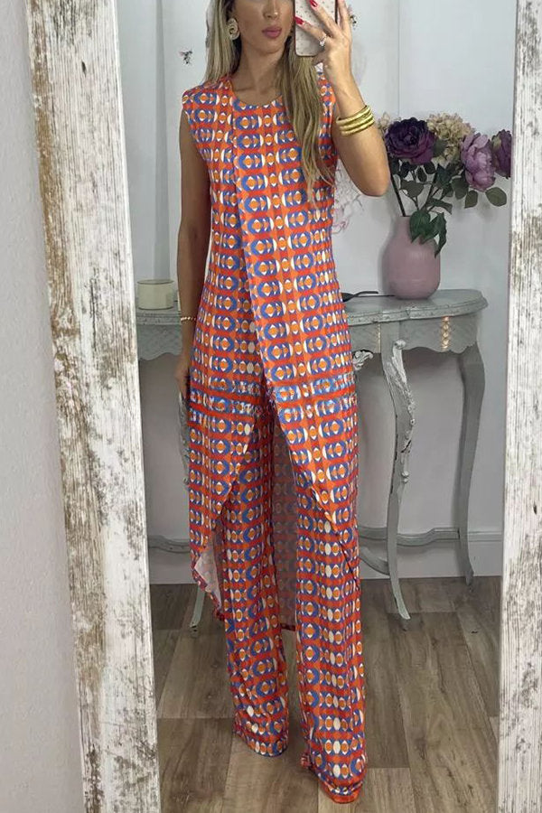 Talk about Charm Printed Front Split Midi Top and Stretch High Waist Flare Pants Set