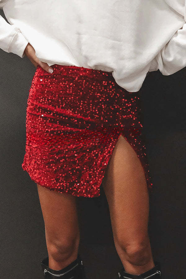 Eye Catching Sequined Back Zip High Slit Skirt