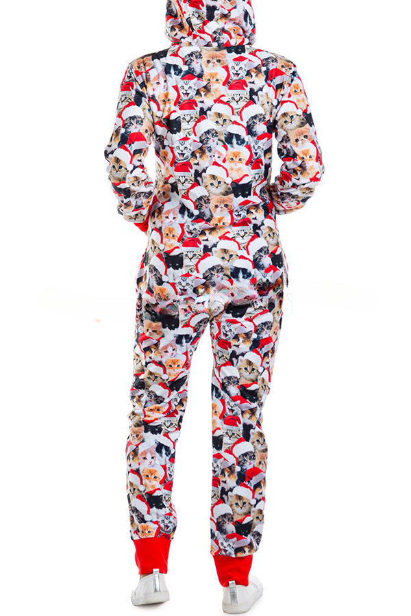 Christmas Print Zipper Pocketed Hooded Loungewear Jumpsuit