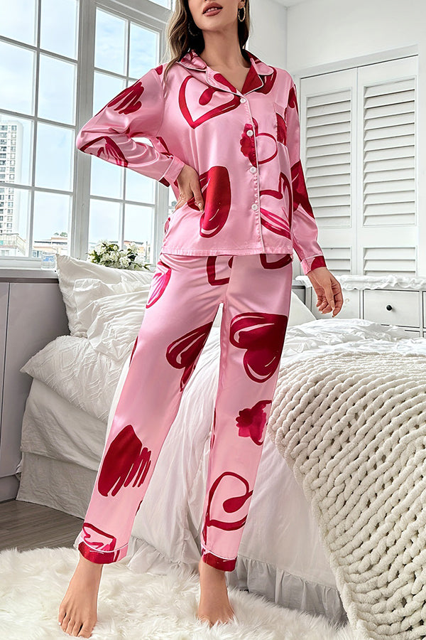 Eye Catching Printed Lapel Pocket Button Lounge Pant Suit