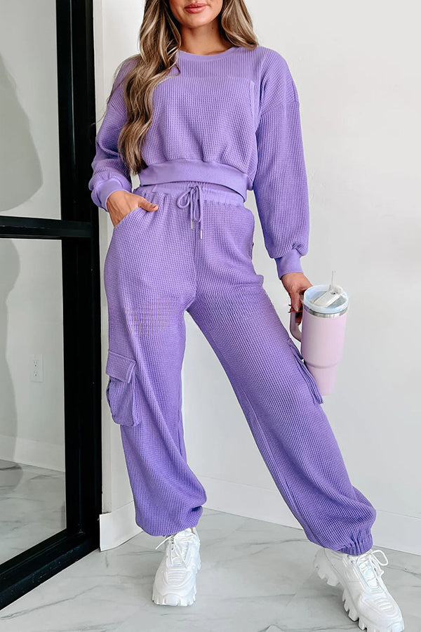 Weekend Hangs Waffle Knit Pullover and Pocket Pants Loungewear Set