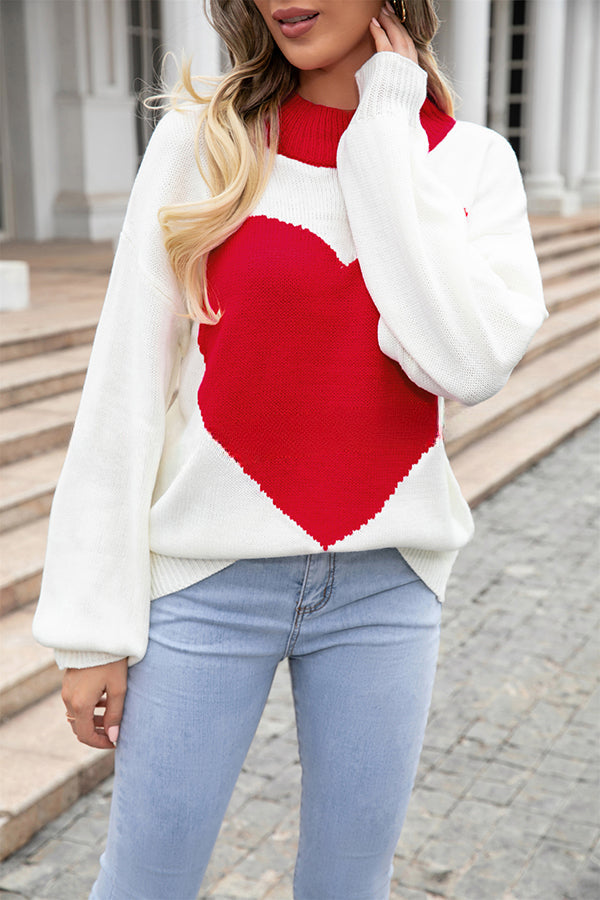 Heart Shaped Crew Neck Contrasting Knitted Long Sleeve Pullover Sweater