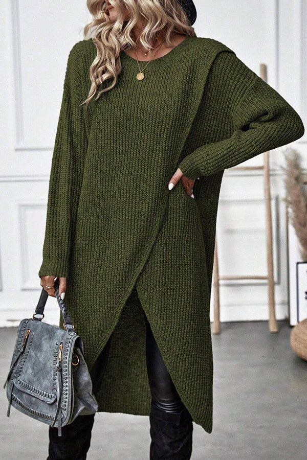 Essence Solid Wrap Hem Knitted Long Sleeve Midi Sweater