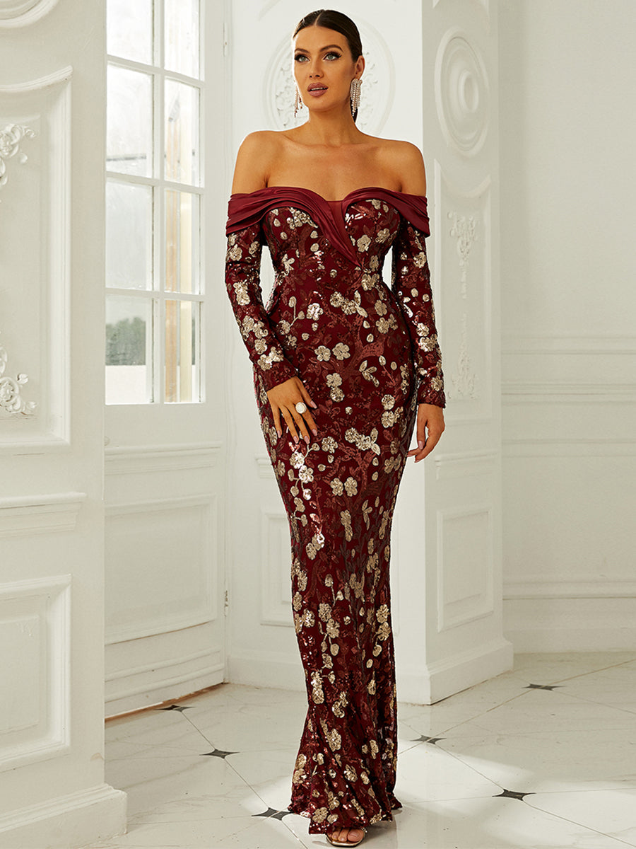 Sequin Floral Pattern Off Shoulder Floor Length Formal Dress XH2192