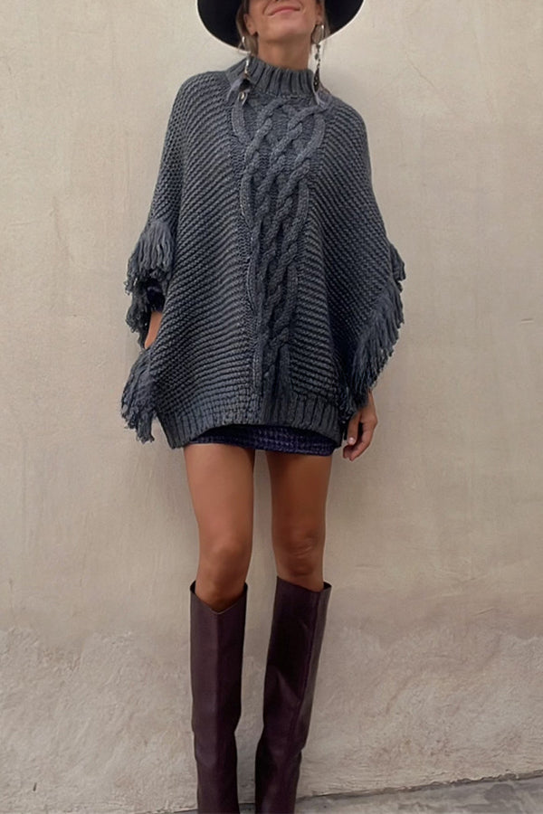 Cozy Paradise Knit Cable Fringed Dolman Sleeve Loose Sweater