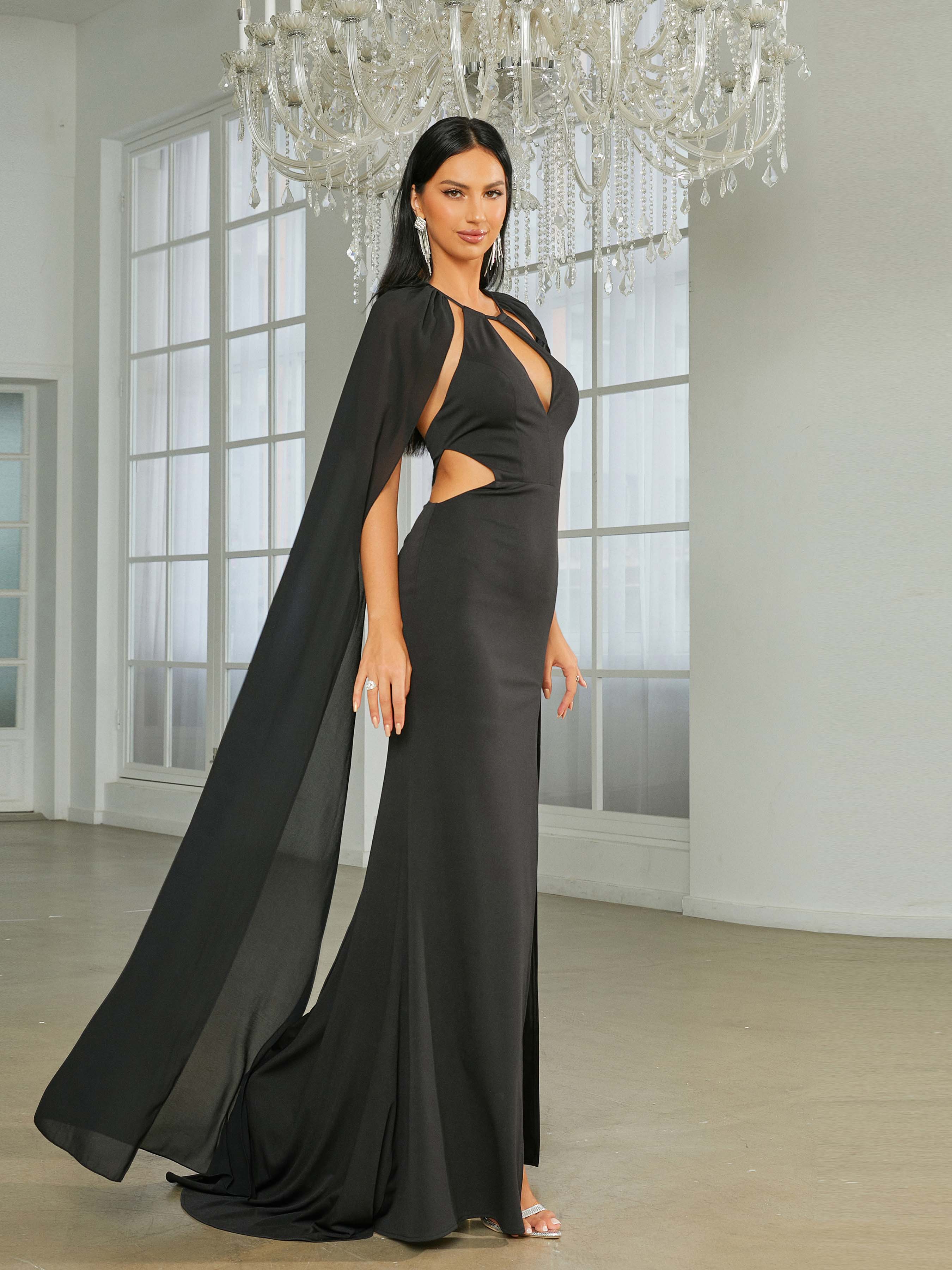 Sexy Cutout Tulle Cape Black Prom Dress RA60044