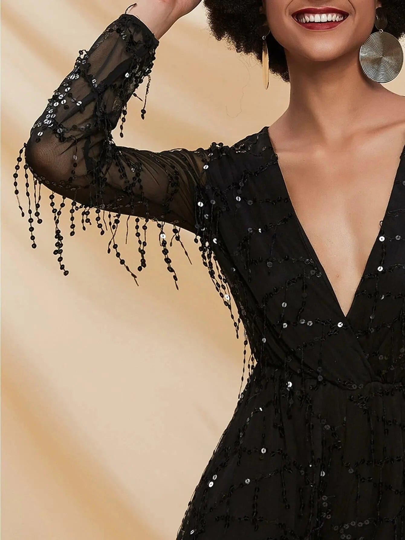 Deep V Neck Sheer Sleeve Sequin Mesh Romper FT2800