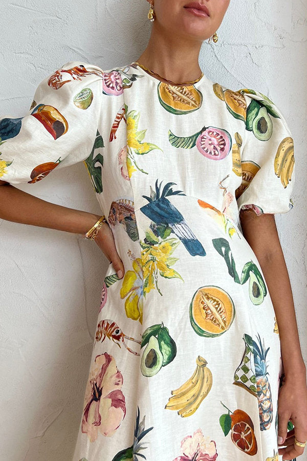 Summer Dream Linen Blend Tropical Fruit Print Puff Sleeve Midi Dress