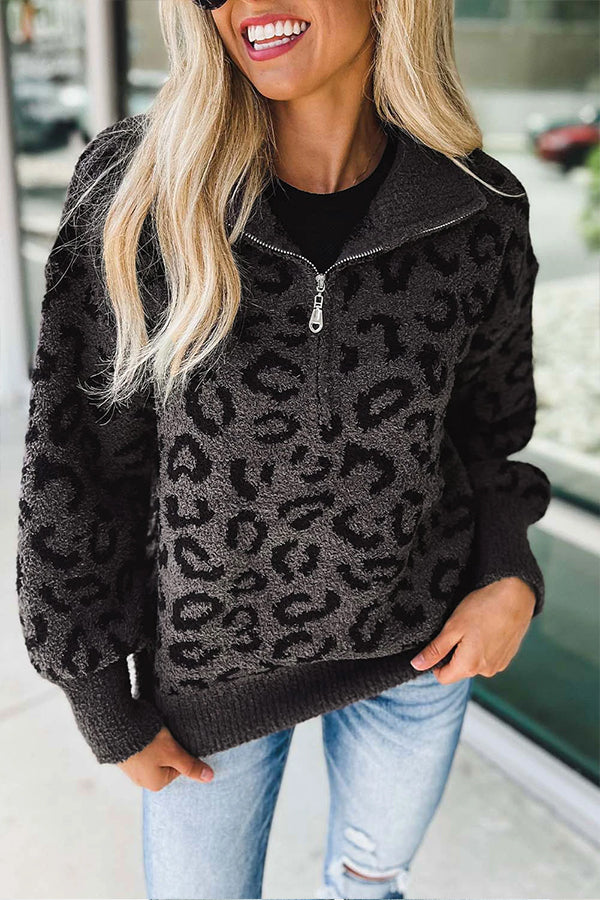 Casual Animal Print Zipped Collared Sweater