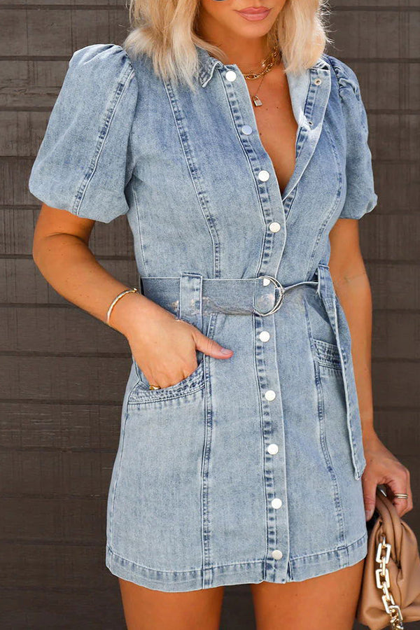 Ada Pocketed Single Breasted Belted Denim Mini Dress