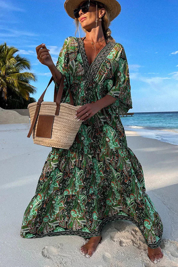 Ocean Sunset Paisley Print Boho Maxi Dress