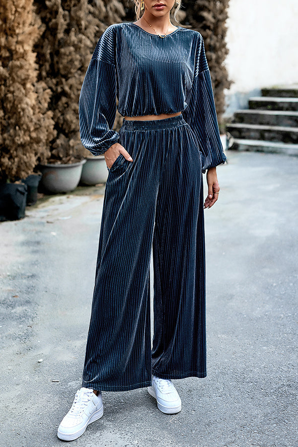 Velvet Long Sleeved Top and Wide Leg Pants Two Piece Set