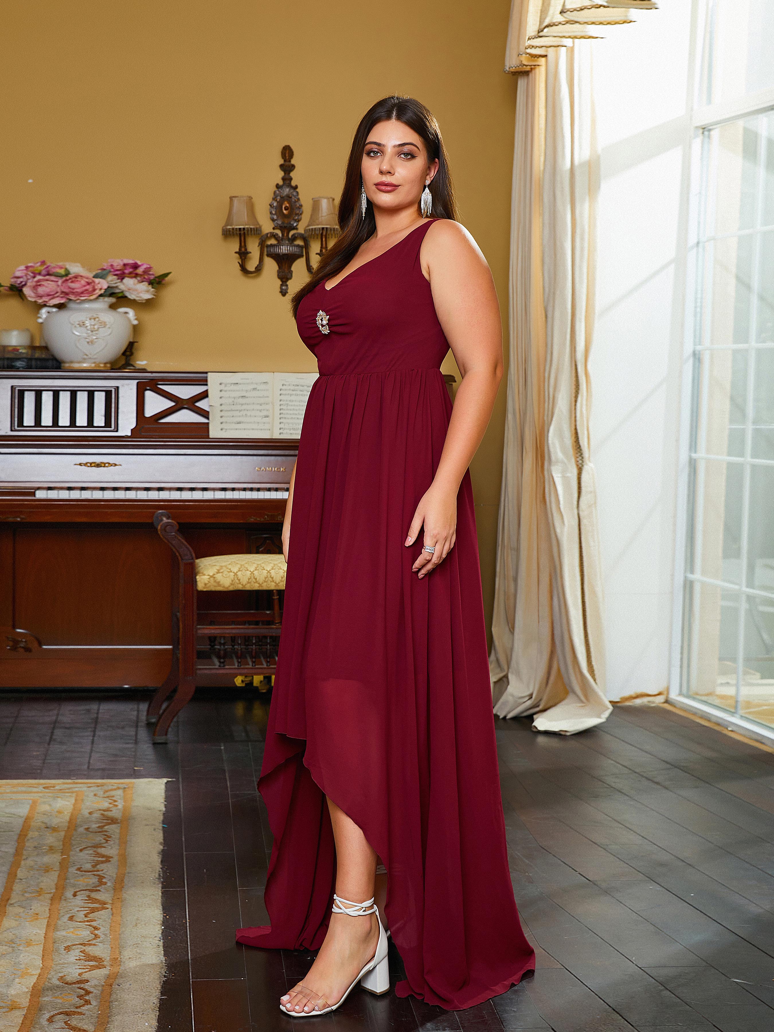 Plus Size V-Neck Backless A-line Sleeveless Evening Dress PRH30484