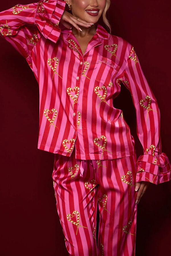 Festive Season Long Candy Stripe Tiered Bell Cuffs Elastic Waist Pocketed Pajama Set