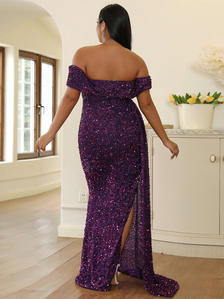 Plus Size Off Shoulder Draped Sequin Maxi Prom Dress PXH2132