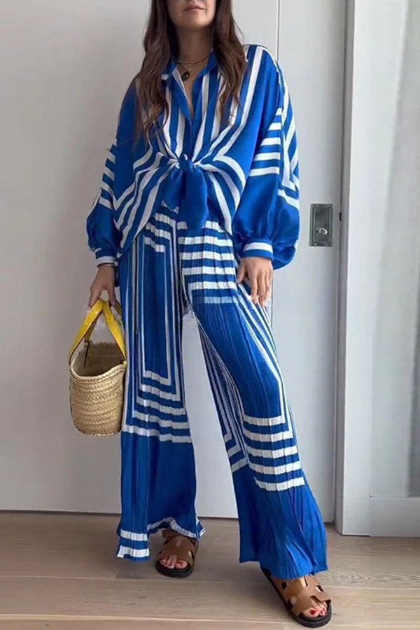 Vacation Chic Attitude Geometric Print Oversized Shirt and Elasticated Wide Leg Pants